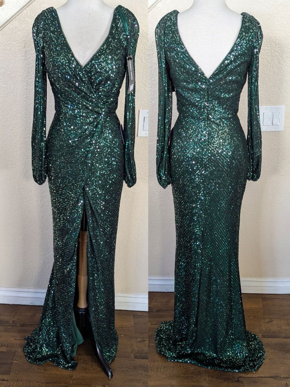 Emerald green & Silver Sequin Long Sleeve Formal Evening Dress 2